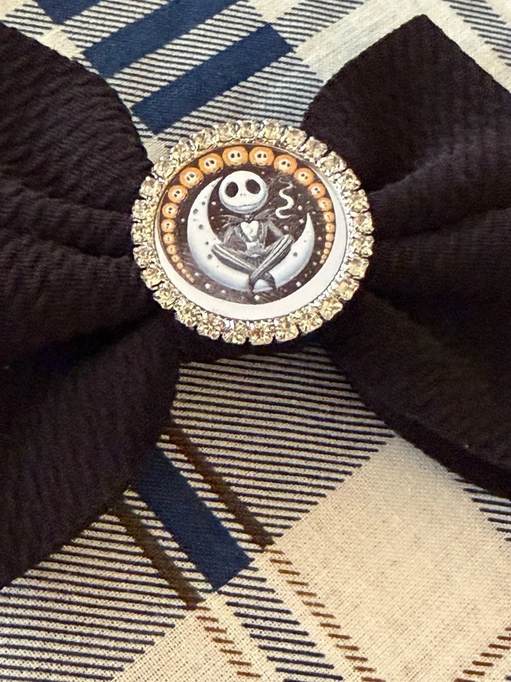 Black Bow Hair Clip with Rhinestone Jack Skellington Center